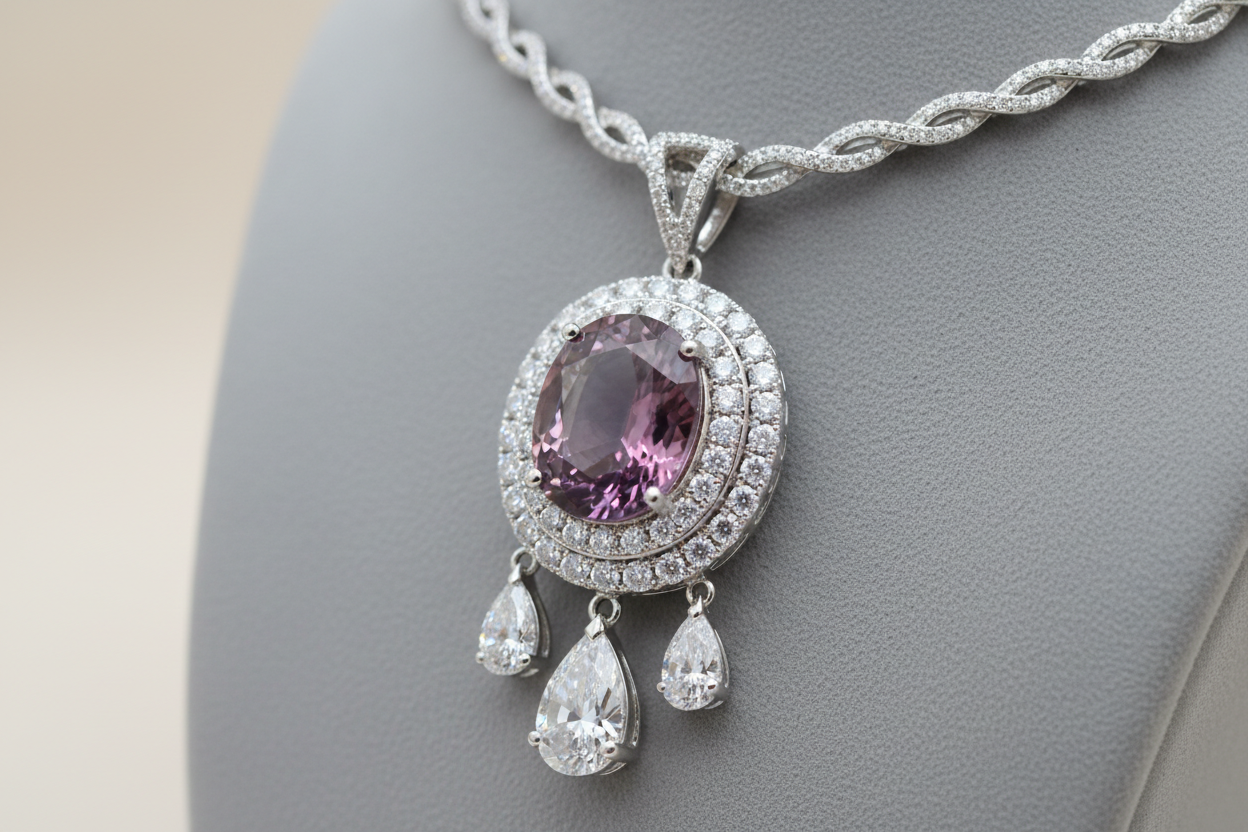 Natural Purplish Pink Kashmir Sapphire Jewelry with diamonds from Batakundi, Pakistan